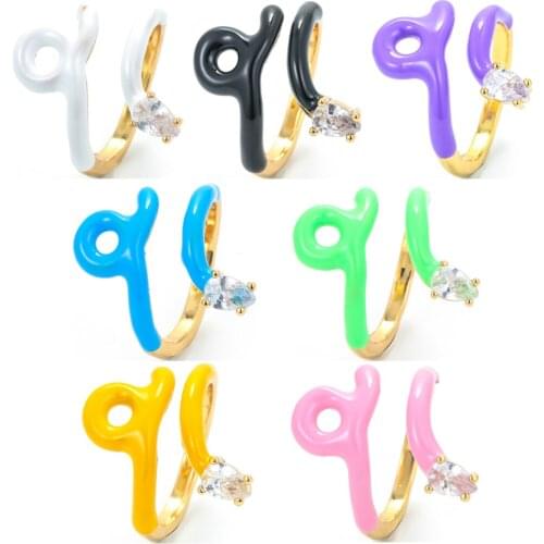 EYIKA Bohemia Pear Cubic Zirconia Irregular Snake Open Rings for Women Girls Black White Enamel Cocktail Party Finger Jewelry