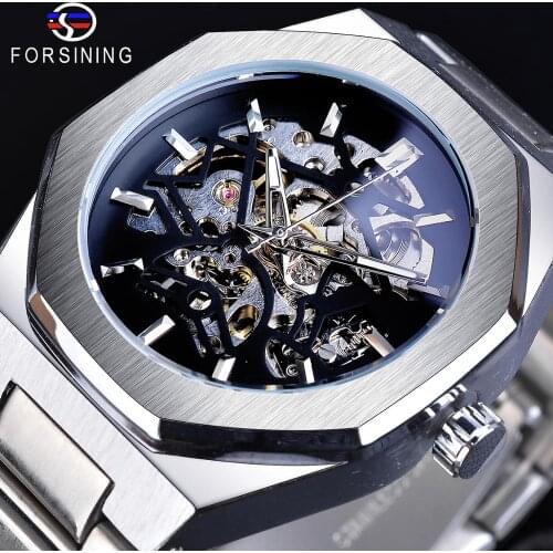 Forsining Steampunk Luxury Black Dial Mens Automatic Mechanical Wrist Watch Top Brand Luxury Male Clock Relogio Transparent Case