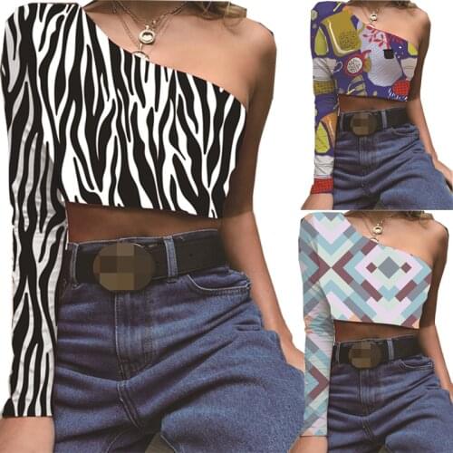 Sexy T-Shirt Women Floral Print Bustier Crop Tops TShirt Casual One Off Shoulder Long Sleeve Short Pullov Top Summer Slim Female