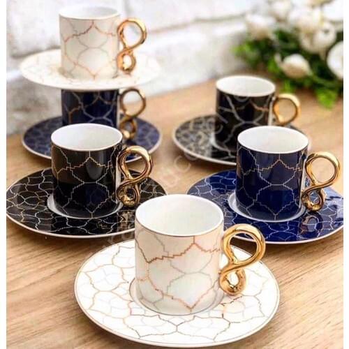 Coffee cup Turkish Coffee Marble Pattern cup Pad 6 personality handle cups and saucers gift cup 12 piece