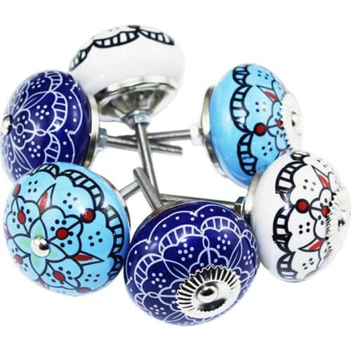 2Pcs Round Shape Ceramic Handle Blue And White Porcelain Drawer Cupboard Door Wardrobe Chest Of Drawers Door Handle Diameter 4CM