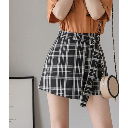 Summer Black And White Plaid A-line Skirt Shorts Fake Two Pieces Irregular High Waist Chiffon Shorts Women Ladies Shorts Femme
