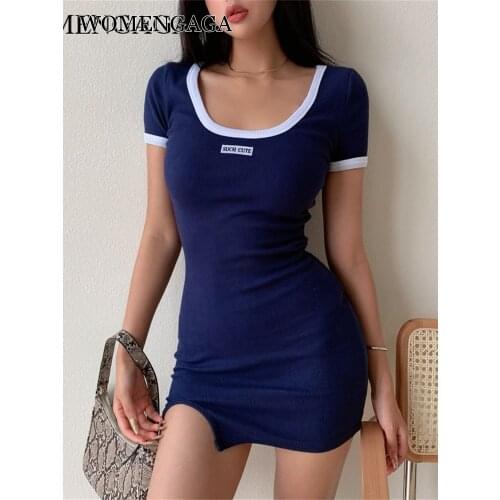 WOMENGAGA Fashionable Casual Sports Mini Dress Contrast Color Split Slim Short Hip Dresses Sexy Womens V07J