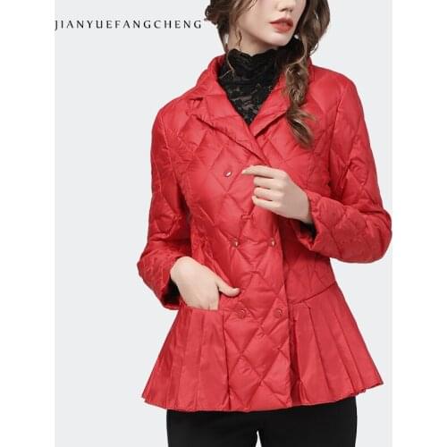 Fashion Diamond Lattice Women Winter Down Jacket Elegant Suit Collar Double-breasted Lightly Puffer Coat Slim Plus Size Parkas
