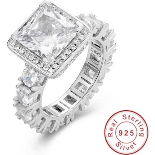 Real Solid 925 Sterling silver Wedding Rings Jewelry for Women Square 3 Carat Simulated Diamond CZ Engagement Rings Accessories