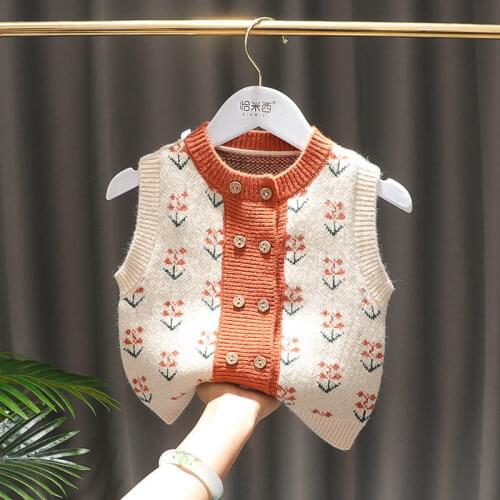 2021 spring and autumn new Korean girl sweater vest vest baby knit cardigan waistcoat childrens clothing P4363