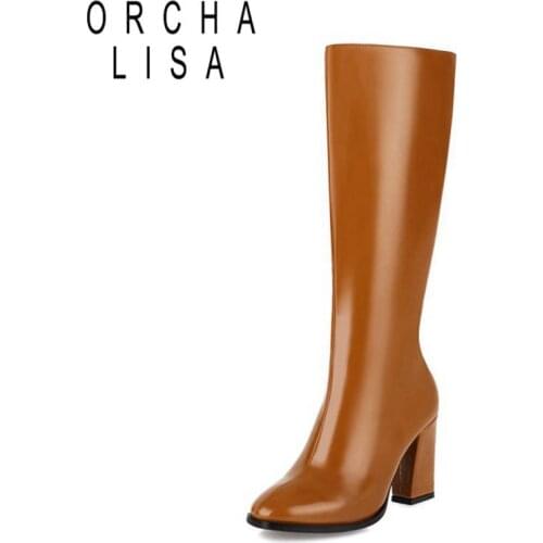 ORCHA LISA Womens Winter shoes knee high boots women warm fur chunky heels 9cm zipper leather booties black white big size15 16