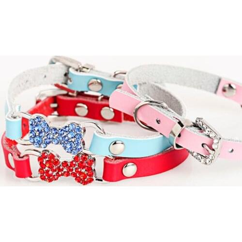 Lovely Cowhide Leather Pet Dog Cat Puppy Collar Crystal Bone Necklace with Rhinestone Buckle Chihuahua Dachshund mascota