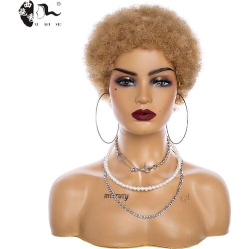 XISHIXIUShort Afro Kinky Curly Wave 98% Human Blend Hair Wigs Off Black Blonde Color Wig For Black Women WithBang/FringeWigs