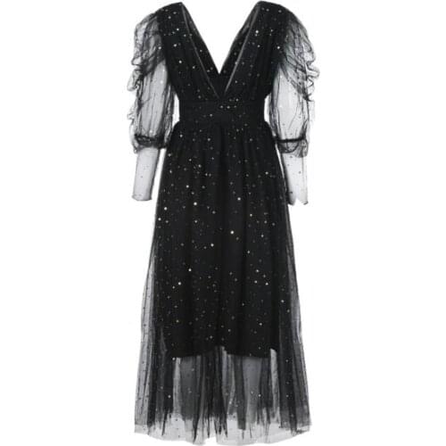 Backless Dress Little Stars Sequins Black Mesh Deep V Puff Long Sleeves Lady High Waist Dress