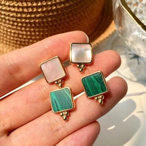 High Quality Fashion Square White Shell Original Malachite Earrings Studs For Women Jewelry Brand