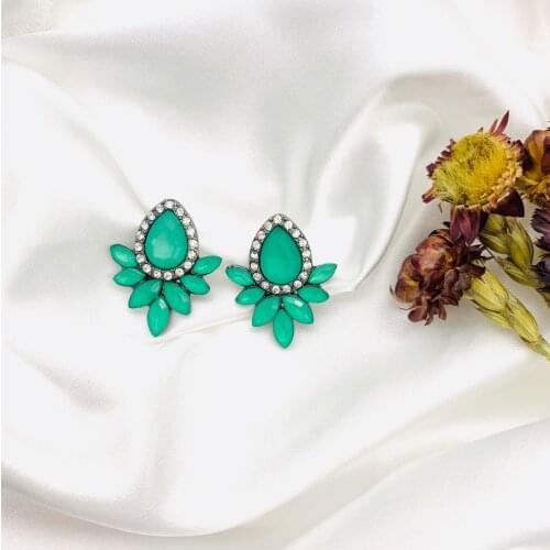 JOUVAL New Green Crystal Stud Earrings For Women Girl Fashion Geometry Rhinestone Bague Elegant Brincos Female Korean Jewelry