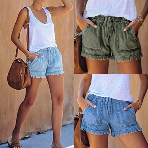 Newest Womens Solid Color Casual Shorts Summer Wild Elastic High Wasit Drawstring Frayed Hem Fitting Washed Denim Shorts