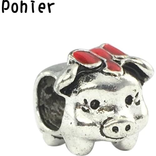 Pig Piggy Bank Red Enamel Charm European Beads Fit Charms Bracelets&Bangles Necklace DIY Fashion Jewelry