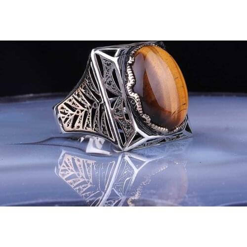 Tevuli 925 Sterling Silver Tiger 'S Eye Gemstone Square Male Ring