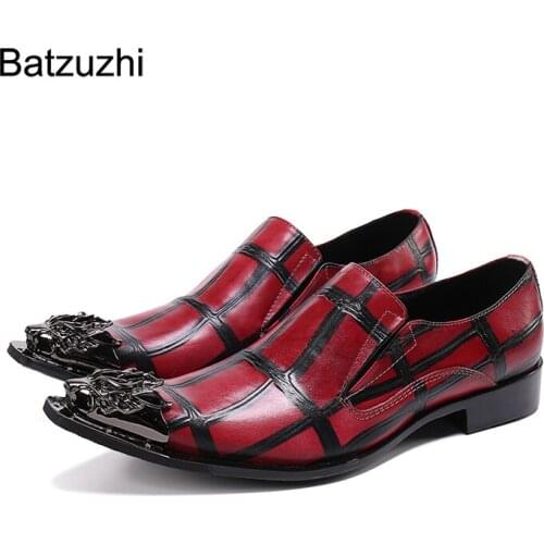 Batzuzhi Italian Type Mens Shoes Metal Pointed Toe Wine Red Genuine Leather Dress Shoes Men Party & Wedding Zapatos Hombre