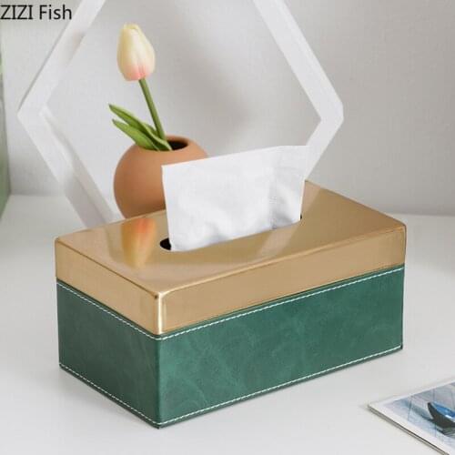 European Luxury Dark Green Leather/metal Tissue Box Rectangular/square Household Dining Table Tissue Box Kitchen Home Decoration