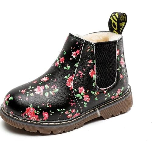 Thicking Kids Boys Leather Snow Boots Autumn Winter Boots for Toddler Girl Ankle Boots Fashion Floral Baby Sneakers Cotton Shoes