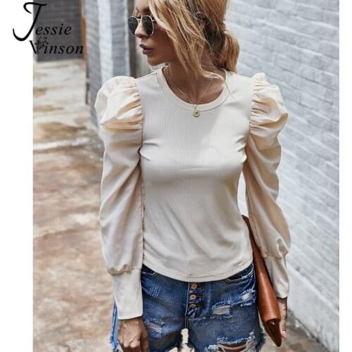 Jessie Vinson Long Sleeve T Shirt Women Chic Puff Sleeve Solid Knitted Ribbed T-shirt Spring Autumn Slim Fit Basic Tops Tee