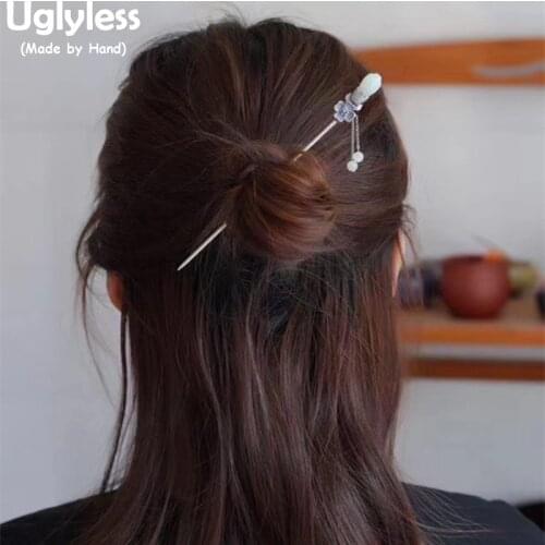 Uglyless Han Chinese Clothing Best Match Hair Jewelry Women Hetian Jade Magnolia Hairpins Genuine 925 Silver Tassels Hair Sticks
