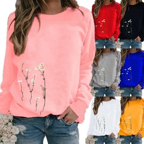Women Winter Clothing Floral Printed Casual Sweatshirt Long Sleeve Tops T-shirt Ladies Round Neck Pullover Sweater