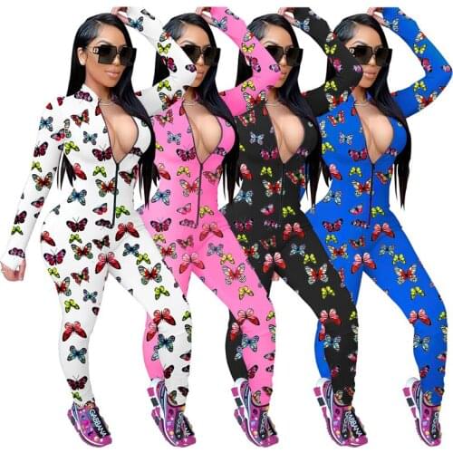 Butterfly Print Jumpsuit Women Autumn Long Sleeved Zipper V-Neck Romper Female Clothes Tight Elastic Home Slim Fitness Playsuit