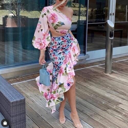 Women Suit Sexy One Shoulder Floral Print Women Sets Ruffles Chiffon Lantern Sleeve 2 Ps Set Crop Tops+Midi Skirt Beach Suits