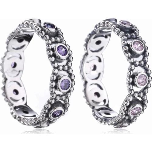 Female 925 Sterling Silver Stylish Purple Pink Finger Ring Set For Women Anniversary Gift Fashion Jewelry