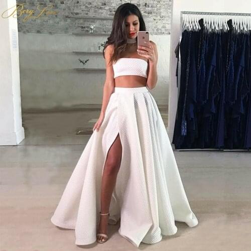 BeryLove Fashion White Two Pieces Prom Dresses 2019 Floor Length Halter Neck Sexy Open Shoulder Wrap Skirt Slit Prom Gowns