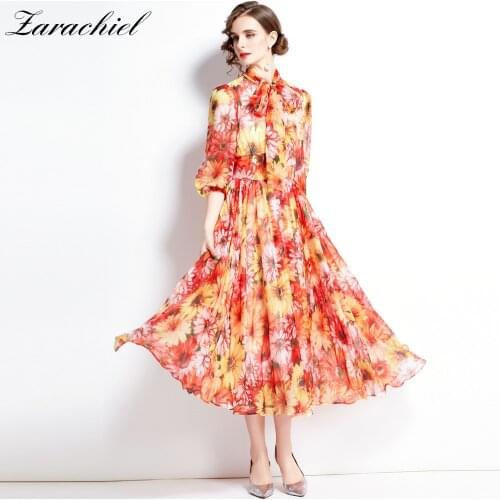 Autumn Bohemian Sunflower Dress Women Puff Sleeve Bow Tie Collar Orange Floral Print Chiffon Pleated Midi Long Robe Vestidos