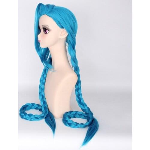 LOL Jinx Cosplay Wigs Women Blue Double Ponytail Braids Girls Long Hair 120cm For Halloween Party