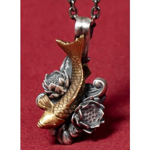 999 Sterling Silver fish lotus flower handmade amulet Pendant charm jewelry men women jewelry gift A5833