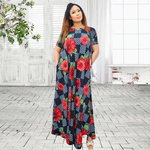 African Dresses For Women Dashiki Flower Printed Bazin Riche Sexy Short Sleeve Robe Evening Long Maxi Dress 2021