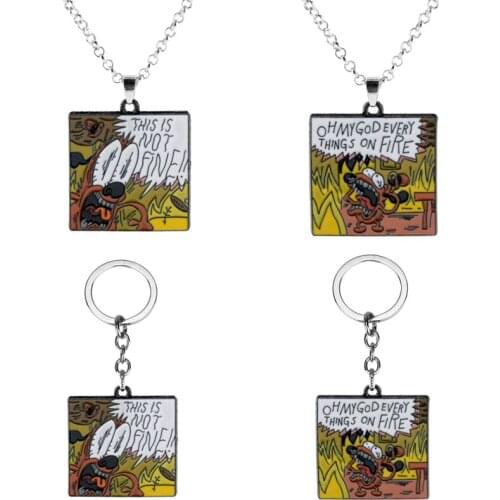 Anime Cartoon "This Is Fine" Hound Dog Chair Comic Necklace Animals Flames Enamel Pendant Necklace Fashion Cute Jewelry