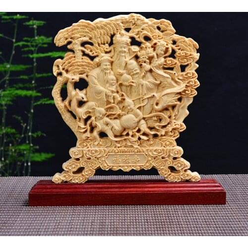 Thuja Wood Statue Crafts Fu Lu Shou Boxwood Home Decoration Mythology Feng Shui Sculpture Home Decor