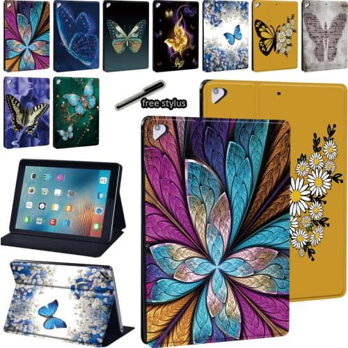 For Apple IPad Air 1/ Air 2 9.7"/Air 3 10.5"/Air 4 10.9" PU Leather Butterfly Print Pattern Stand Tablet Protective Case+Stylus