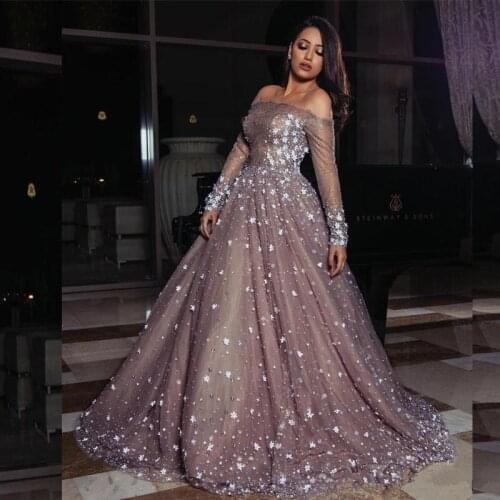 Elegant Long Sleeve Tulle Muslim Formal Evening Dresses Pearl And Beads Evening Gowns Arabic Dresses Evening Wear prom dress