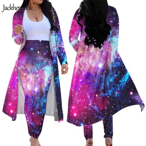 Jackherelook Purple Galaxy Space Blue Starfield Print Womens 2 Piece Club Outfits Long Sleeve Open Front Cardigan Pants Set
