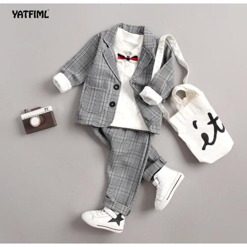 YATFIML England Style Tuxedo Suits Boys Clothes Set Kids Formal Wedding Blazer Lattice Coat Kids Party Bow Tie Clothing