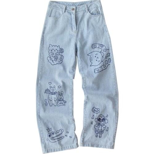 Fashion Baggy Harajuku Girl Student Denim Trouser Womens Jeans 2021 Spring New Streetwear Casual High Waist Straight Pants