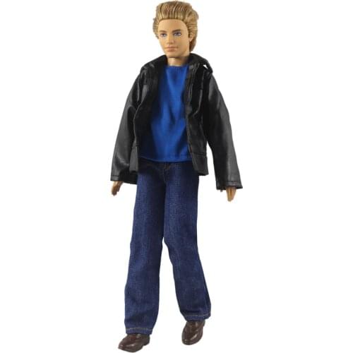 Fashion Outfit Set for Ken Boy Doll Clothes Suit Black Leather Coat Jacket Shirt Denim Pants Trousers for Boyfriend Ken Male Toy