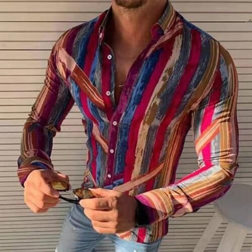 Newest Mens Fashion Striped Colorful Print Slim Fit Shits Social Business Lapel Button Long Sleeve Male Blouse Autumn Clothing