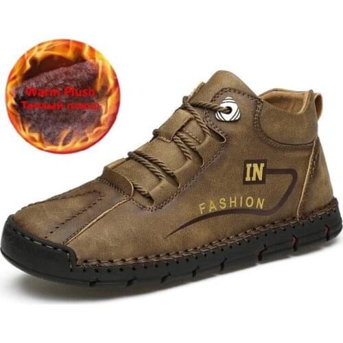 Winter Mens Boots Mens Split Leather Ankle Boots Warm Plush Snow Boots Waterproof Outdoor Work Boots Autumn Mens Shoes 38-48