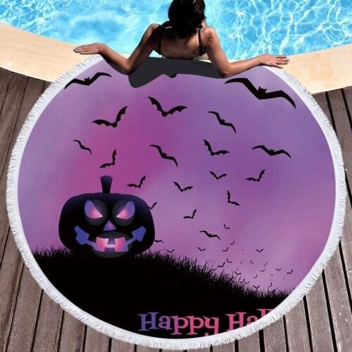 Mylb Black Bat Halloween Round Beach Towel with Tassels 150cm Wall Tapestry Soft Microfiber Thick Terry Towel Yoga Mat Sport Tow