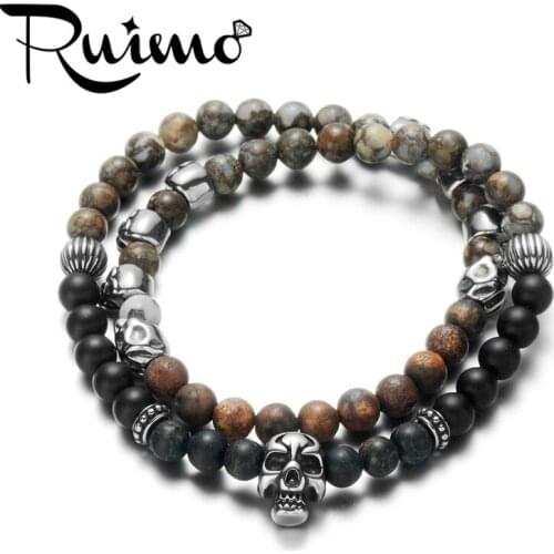 RUIMO Skull Bracelet Set Natural Stone Beads Bracelet Stretch Strand Punk Stainless Steel Skeleton Boyfriend Gift Jewelry 2019