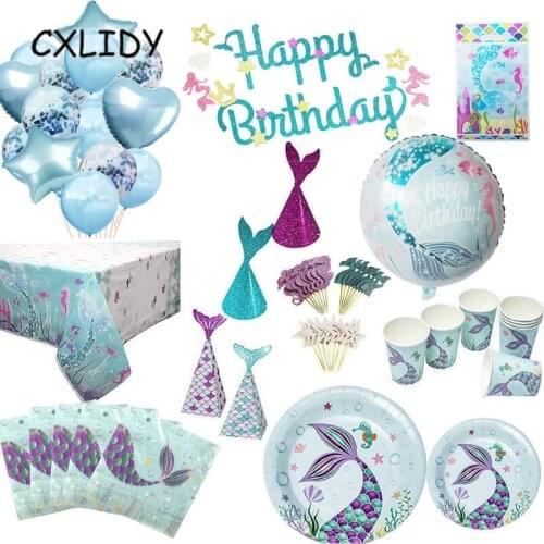 Happy Mermaids Party Set Birthday Party Tableware Paper Cups Plate Banner Balloons Baby Shower Party Tableware