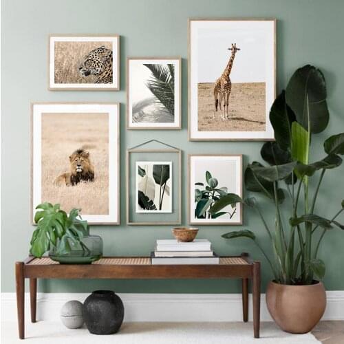Africa Wild Animals Lion Giraffe Plants Leaf Wall Art Canvas Painting Posters and Prints Picture for Bedroom Interior Home Decor