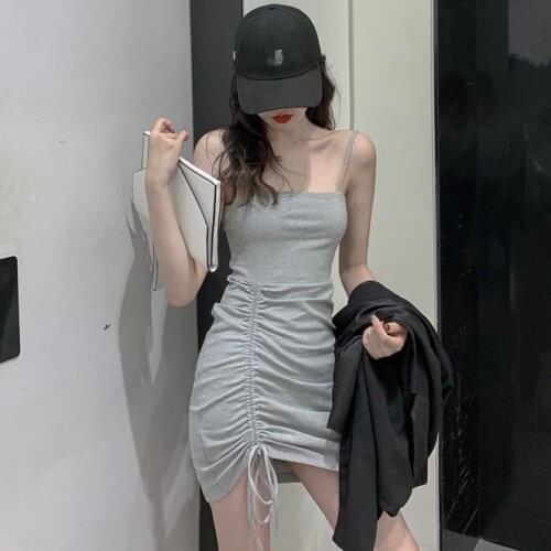 Hi Girl New Slip Dress Sexy Slim Bodycon Backless Dress Summer Sheath Drawstring Pleats Basic Mini Spaghetti Dresses Black Grey