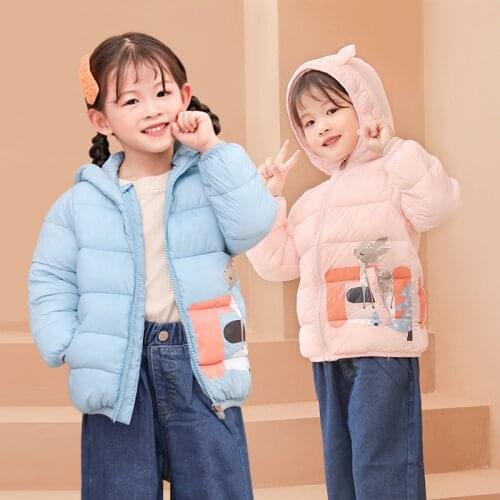 New Kids Autumn/Winter Light Padded Cute Coats Girl Cartoon Printed Hooded Zipper Down Jackets Children Clothing 3-7 Years