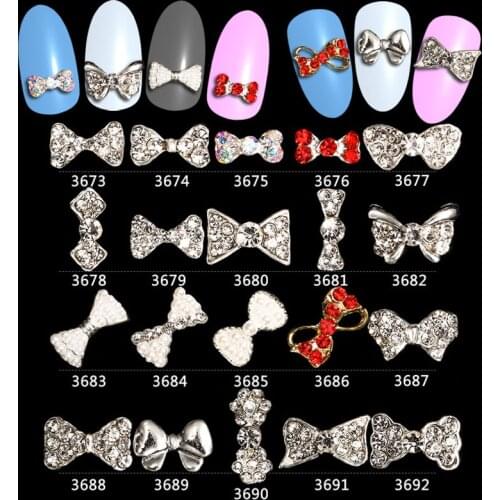 Wholesale -100PCS/Lot AAA high quality strass Cute Shinny Rhinestone Metal Nail Art 3d Charms Deco Bows pearl bow-3673-3692
